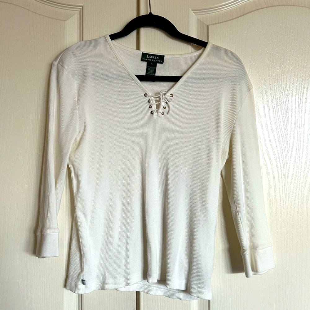 Lauren by Ralph Lauren white ribbed knit lace front shirt size large